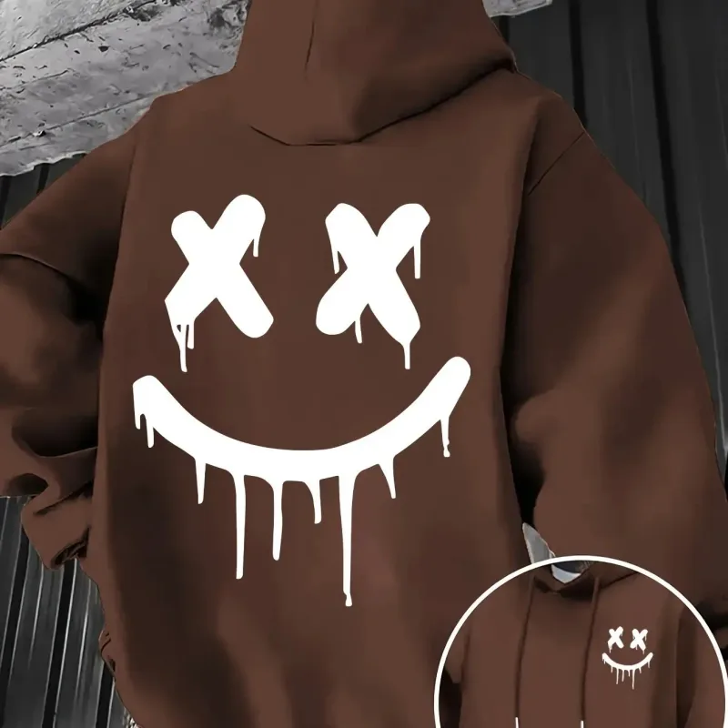 Smiley face print men's and women's autumn winter trendy printed hooded fleece sweatshirt front back casual hoodie — image 5