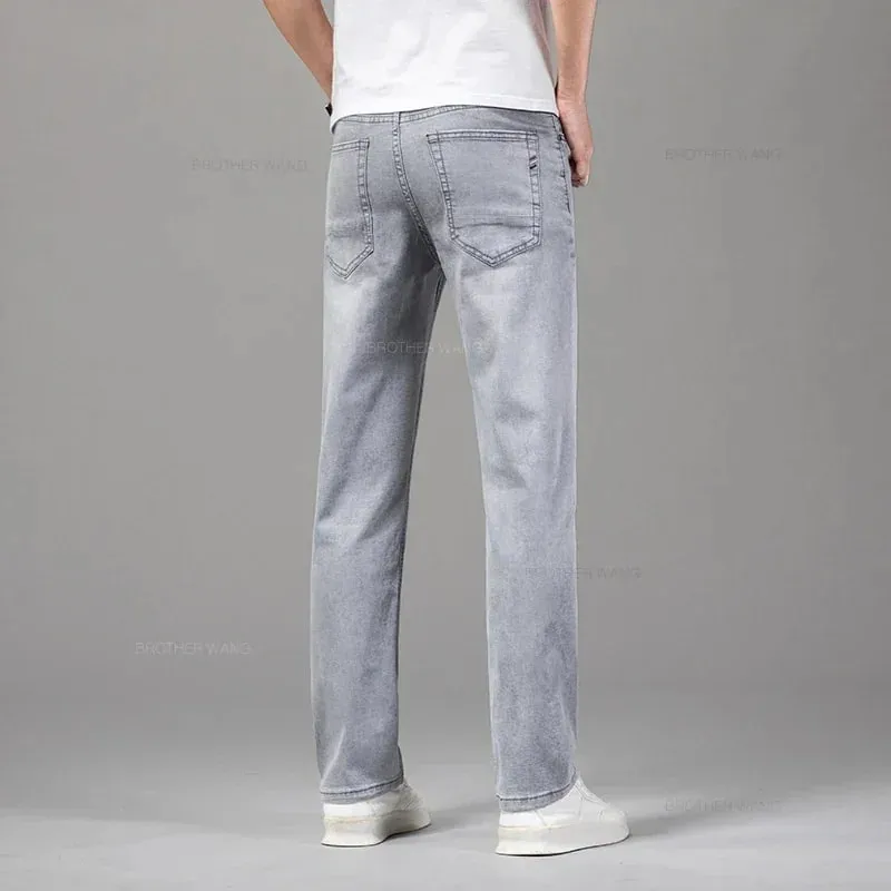 Zomermerk Heren Fit Rechte lichtgewicht katoenen stretchjeans Business Casual Hoge taille Dunne lichtgrijze jeans herenbroek
