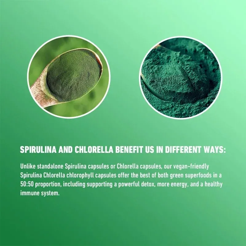 Spirulina Chlorella Capsules - Supports Cardiovascular and Immune System Health Powerful Antioxidant