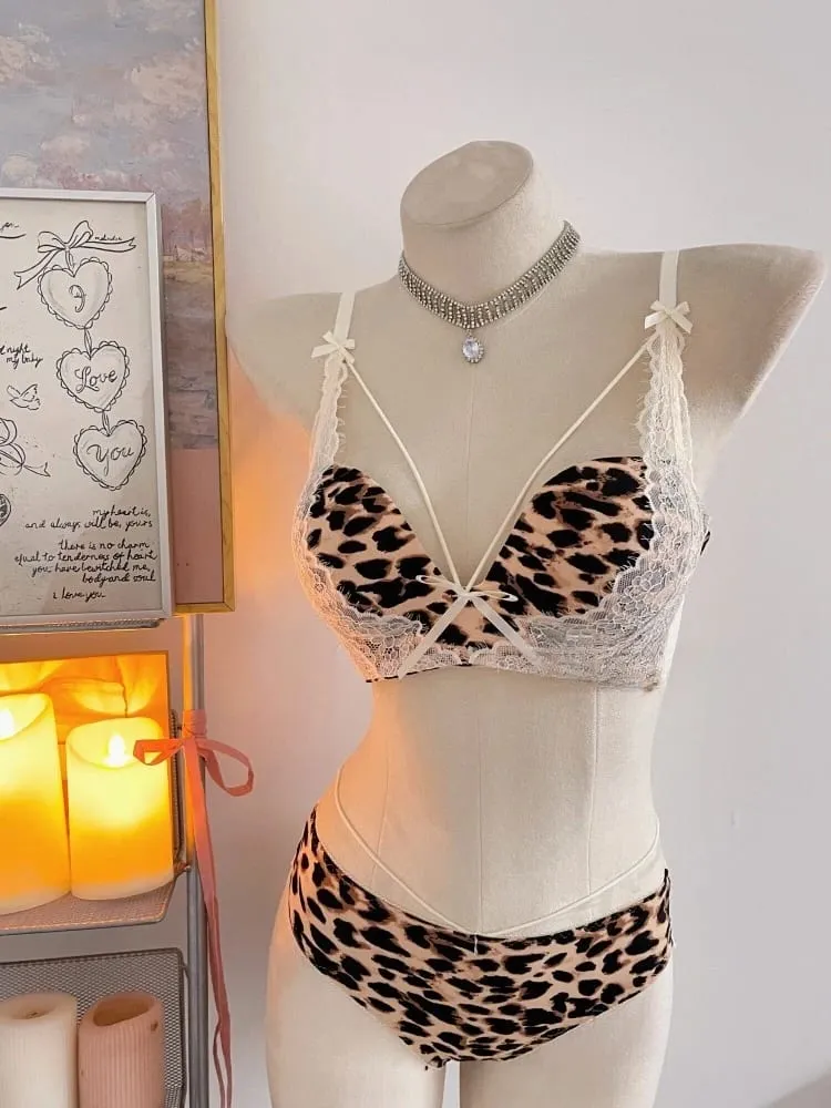 New Sexy Leopard Print Deep V Push Up Bra Lingerie Set for Women Small Bust Push Up Effect Anti Ptosis Daily Wear 32-38 Bra Set — image 2