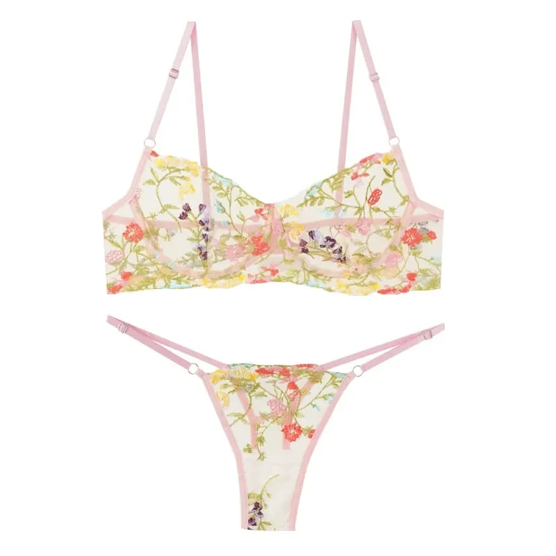 Women's New Sexy Embroidered Floral Lingerie Set Single-Layer Underwire Bra Thong Pants Hollow Transparent Out Lingerie Set