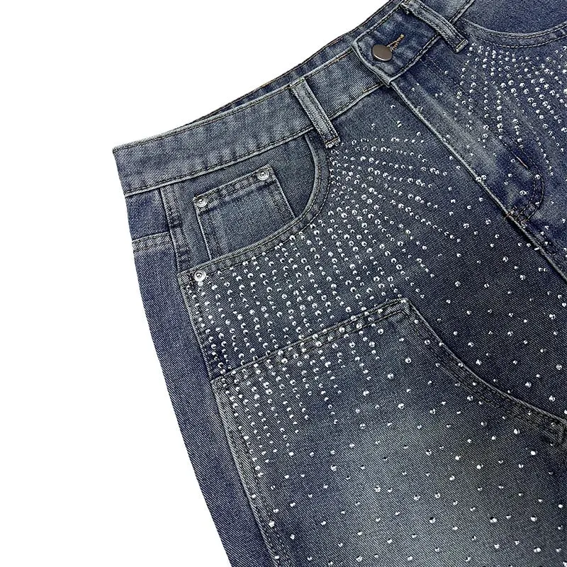 Pants Denim Men Jeans Knee Length Hot Drilling Vintage Washed High Waist Straight Trousers Y2k Streetwear Splice Casual 2026 — image 2