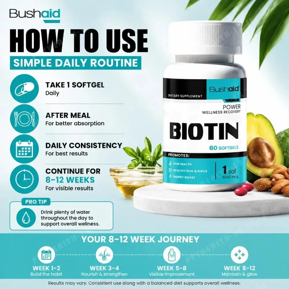 Bushaid Biotin 5000mcg Softgels Hair Skin Nails Vitamin B7 Keratin Support Energy Non-GMO Gluten Free 60 Softgels 60 Day — image 4