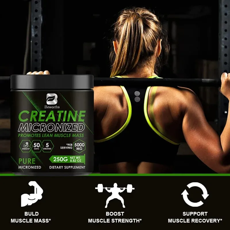 Beworths creatina monohidratada em pó 5000 mg para pré-treino, construção muscular, energia celular, cérebro, saúde imunológica para academia