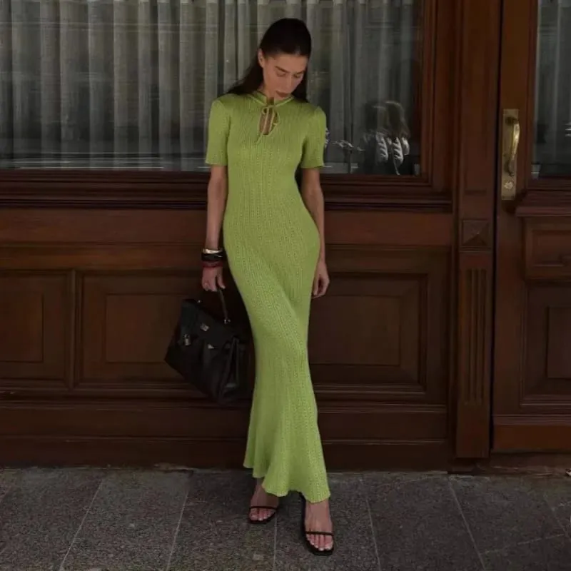 New Knitted Short Sleeve Long Length Waist Bodycon Fishtail Dress Female Hollow Out Lace Up Ribbed Patchwork Elegant Dresses — image 2