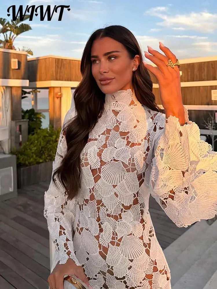 White Crochet Hollow-out Mini Dresses Women's Sexy Irregular Hem Stand Collar Full Sleeve Dress 2026 Summer New Lady Party Gowns — image 3
