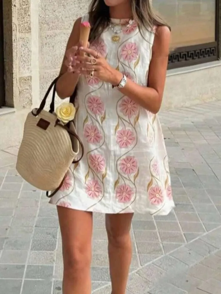 2026 Summer Women O-neck Sleeveless Print Mini Dress Fashion New Elegant Casual Loose Vacation Beach Short Dresses — image 3