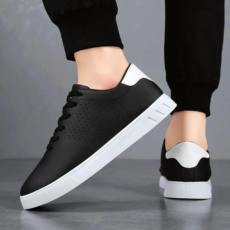 Men's Classic White Sneakers Casual Leather Lace-Up Shoes Breathable Perforated Lightweight Walking Shoes for Male — image 3