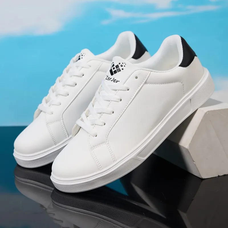 Men's White/Black Casual Leather Sneakers Low Top Lace-Up Skate Shoes Comfortable Walking Footwear — image 2