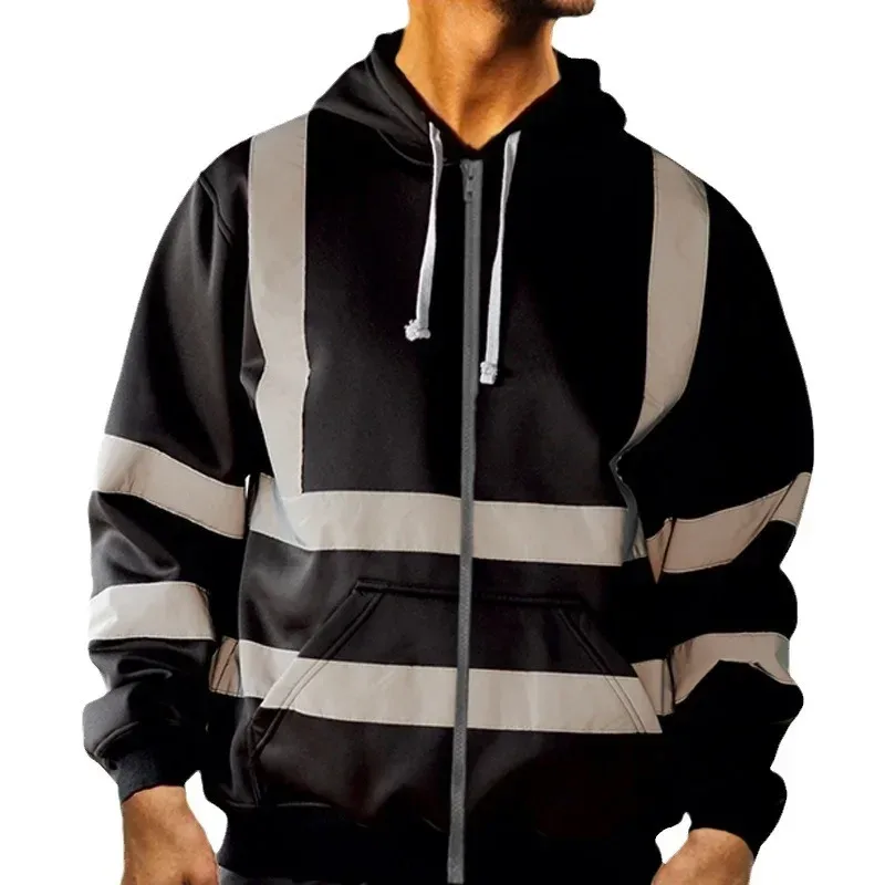 Reflective Work Safety Men Hoodies Drawstring Loose Zipper Jacket Autumn Thin Fleece Hooded Pullover Coat Casual Work Sweatshirt — image 18