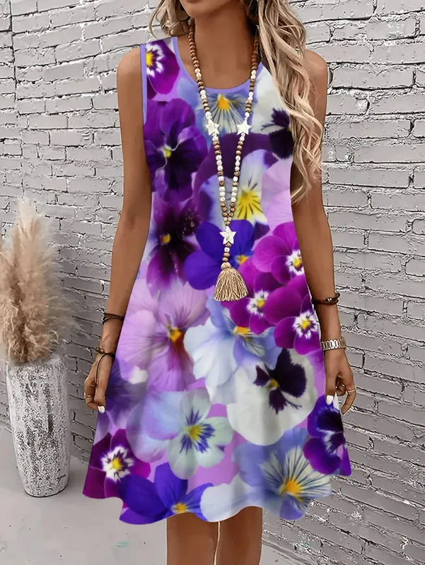 Women's Sleeveless A Line Dress Vibrant Floral 3D Print Dresses Woman Summer Woman Clothing Oversized Y2k Ladies Clothes Tops — image 3