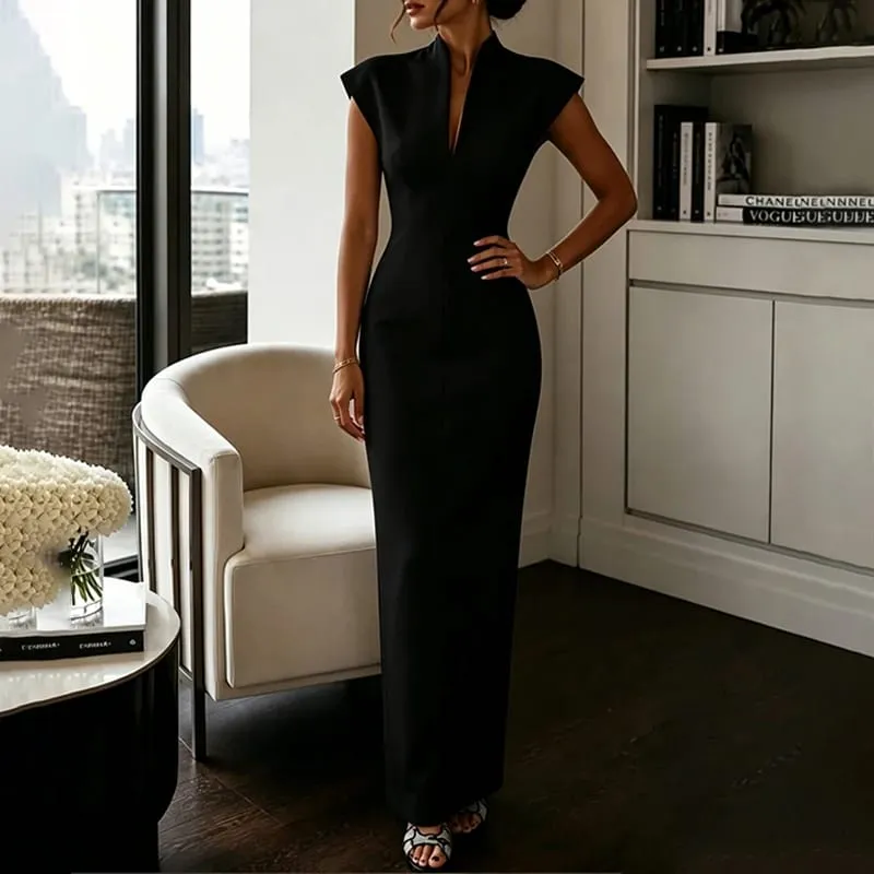 Women's Commuting Evening Party Elegant Gowns Solid Stand Collar V-neck Sleeveless Sheath Maxi Dresses Temperament Clothing