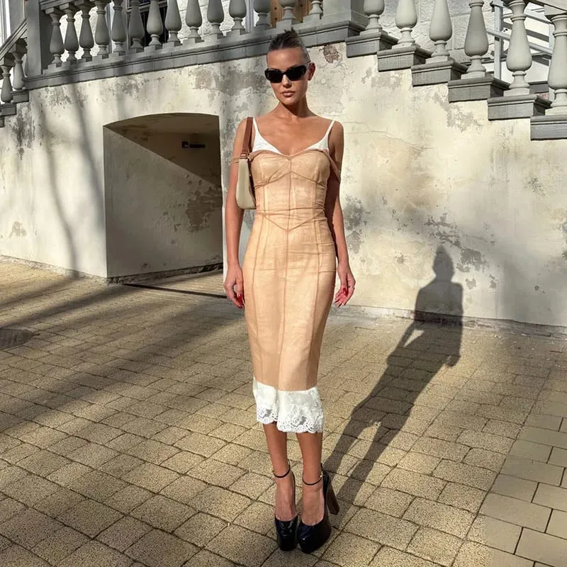 Sheer Mesh Overlay Spaghetti Strap Midi Dress Waist Cinched Sleeveless 2026 Summer Women Accessories Trendy Classy Lady Outfits — image 8
