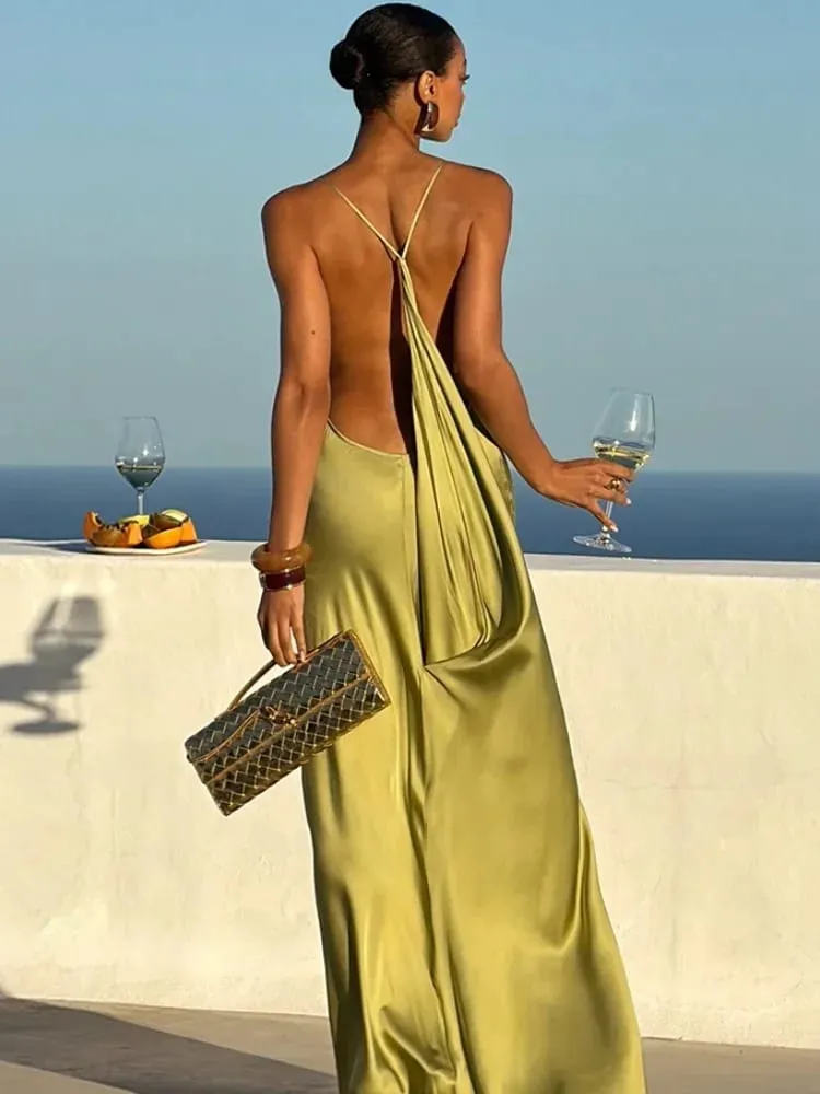 Solid Thin Spaghetti Strap Cowl Neck Slip Long Dress Women Sleeveless High Slit Slim Fitted Evening Gowns Elegant Party Outfit — image 4