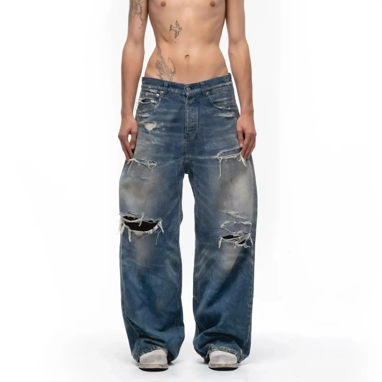 Unisex Jeans 2026 Spring Autumn Men's American Hollow Out Washed Retro Jeans Loose Wide Leg Straight Pants Hole Ripped Trousers — image 2