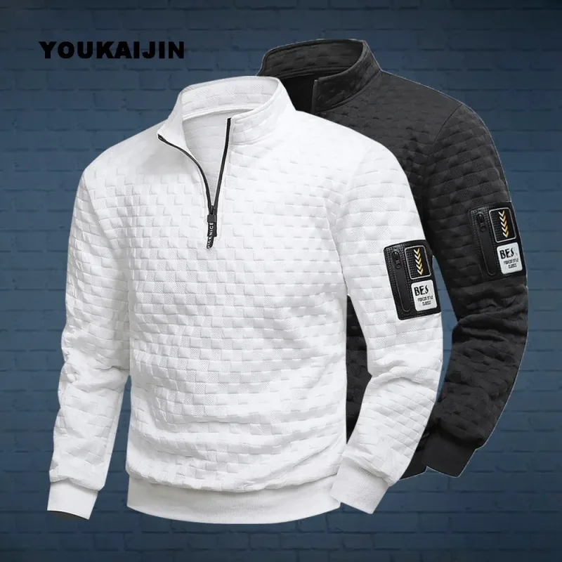 Men's Quarter Zip Sweatshirts Casual Fall Mock Neck White Loose Pullover Long Sleeve Solid Graphic Zip Up Sweatshirt