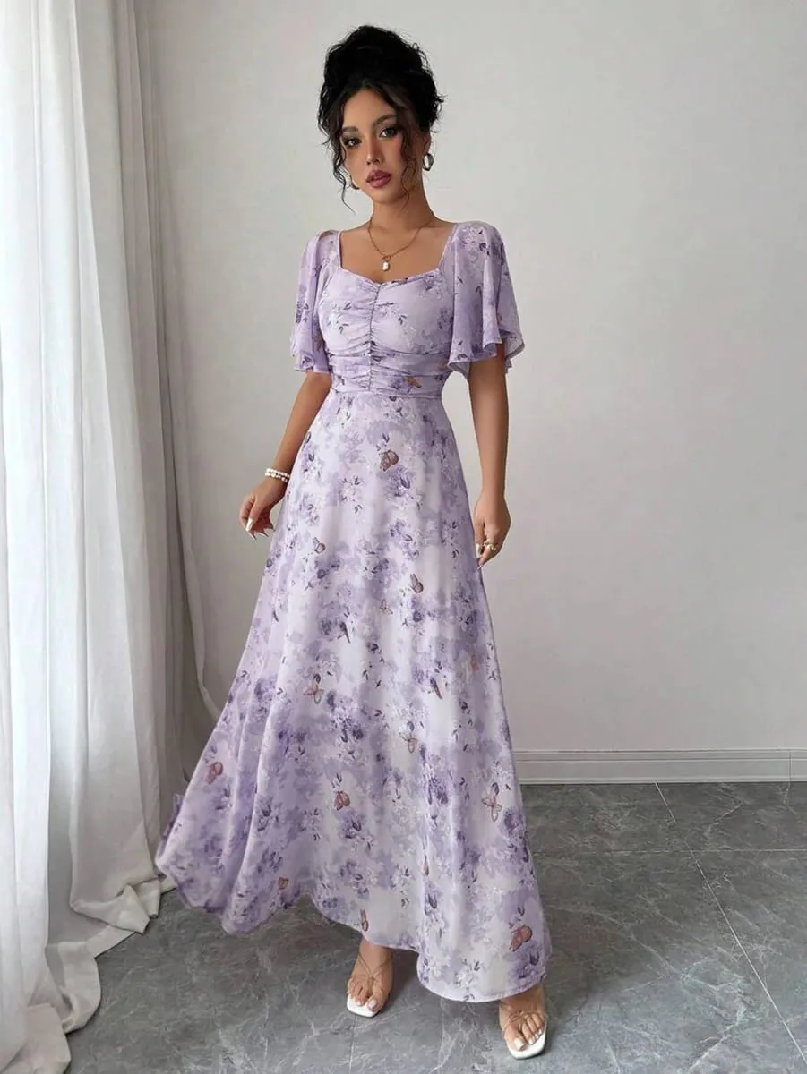 Women's Sweet French Style Mini Dress with Purple Butterfly Print Batwing Sleeves & Back Zipper — image 4