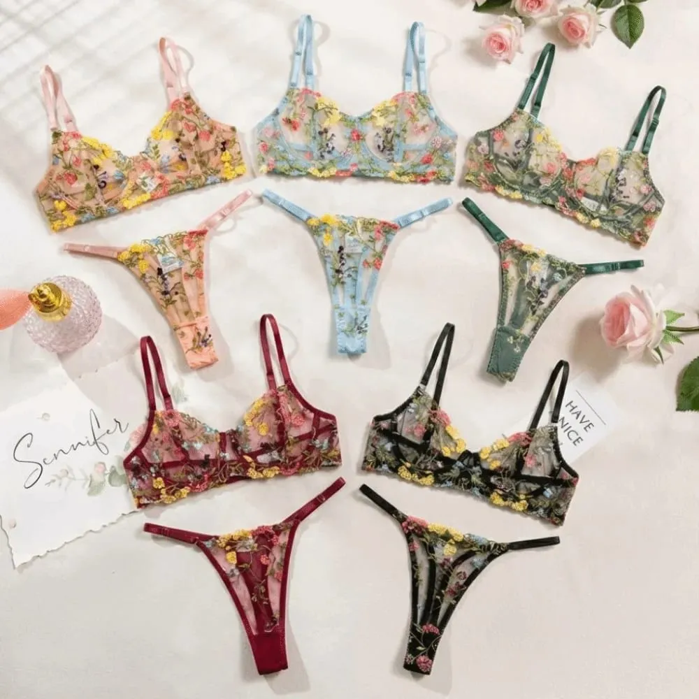 2-Piece Floral Lingerie Set Embroidery Sheer Underwear Intimates Versatile Underwire Push-up Bra Panty Set For Lady Girl — image 6