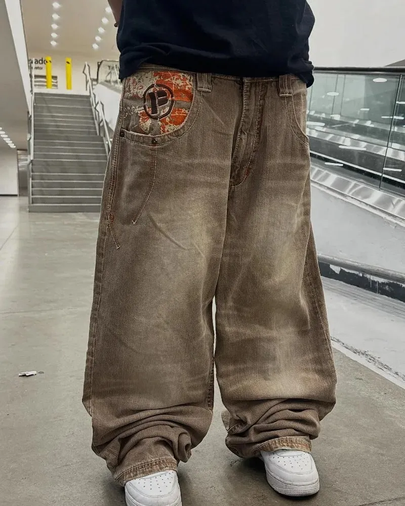 Y2K American Fashion New Oversize Brief bestickt gelb gewaschen Baggy Jeans Männer Vintage Gothic beliebte lässige Hose mit weitem Bein