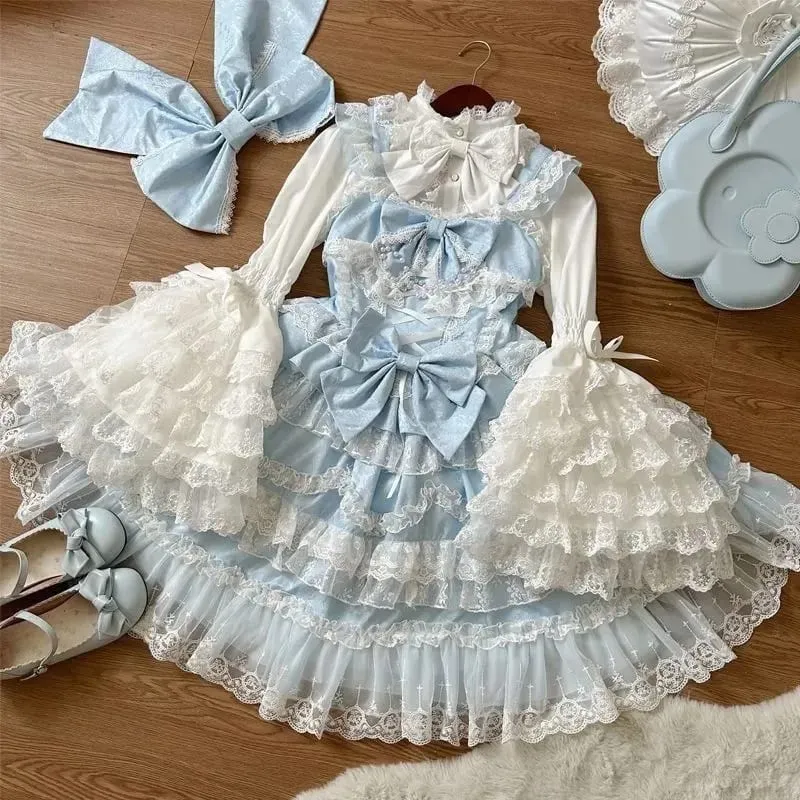 Lolita Kawaii Y2k Long Sleeve Strap Dress Japanese Knee-Length Women Elegant Lace Bow Patchwork Ball Gown Sweet All Season — image 1
