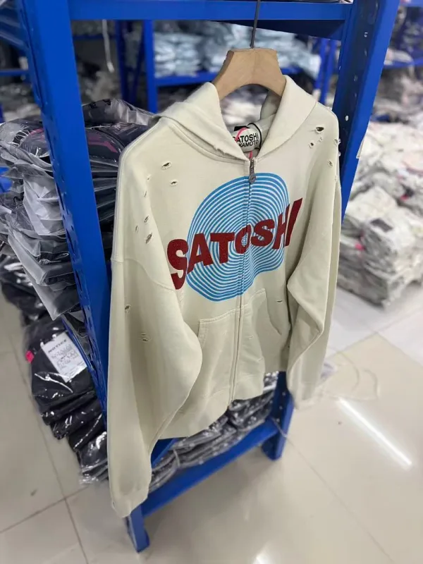 New Arrival Satoshi Zip Hoodie Destroyed Hole Design Loose Cotton Casual Outdoor Jacket Tops