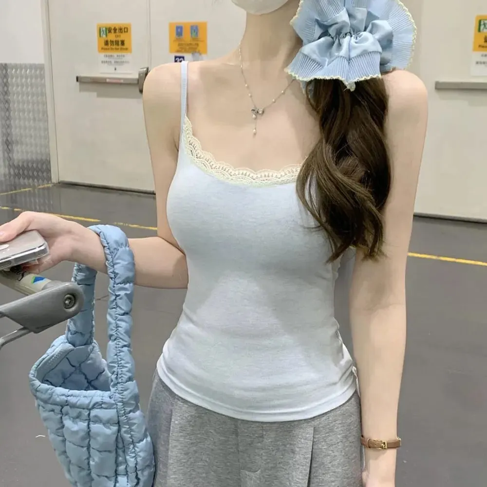 Women Lace Trim Camisole Built-in Bra Padded Elastic Slim Vest Sleeveless Spaghetti Strap Tank Top Soft Stretchy Basic Cami Top — image 5