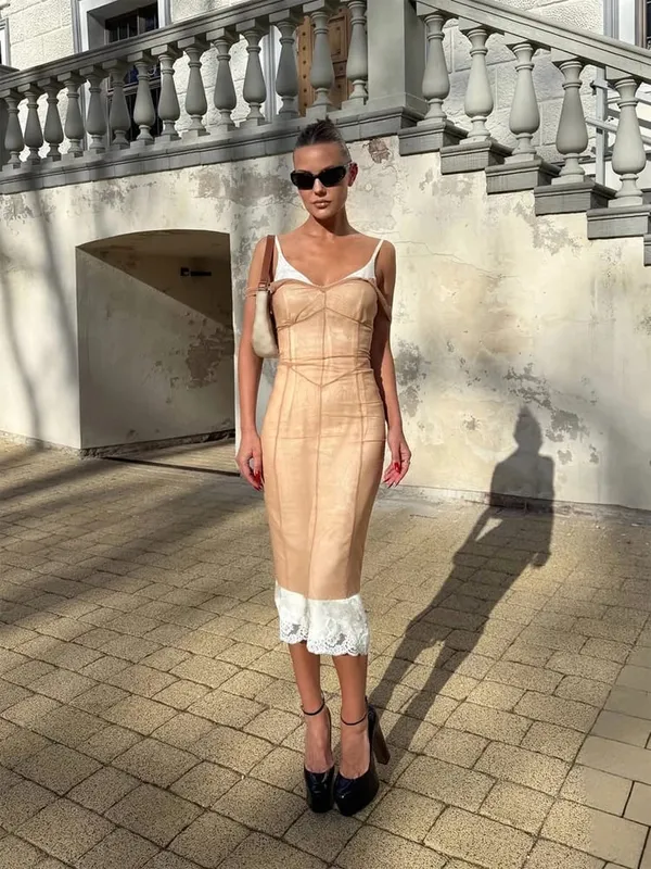 Sexy Sheer Mesh Overlay Midi Dress Women Sleeveless Waist Cinched Lace-trim Bodycon Sling Dress 2026 Lady Trendy Party Robe