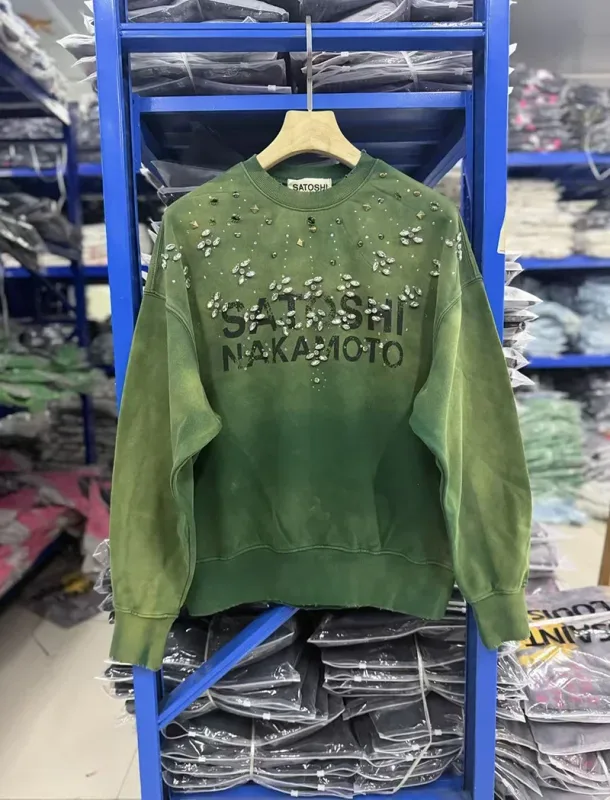 Letters Logo Rhinestone Rivet Satoshi Nakamoto Sweatshirts Men Women Streetwear Vintage Washed Charcoal Gray Green Pullovers Tag — image 5