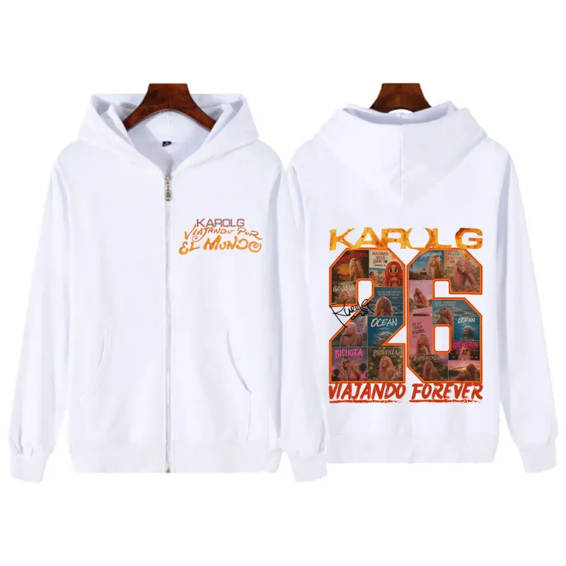 Karol G Viajando Por El Mundo Tropitour 2026 Print Zipper Hoodie Men Women Fashion Sweatshirts Casual Vintage Zip Up Jacket Coat