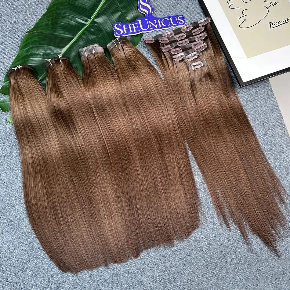 #2 Color Straight PU Clip Ins Hair Extensions 100% Human Hair 100g/Set 7pcs Seamless Invisible PU Weft Vietnam Hair For Women — image 4