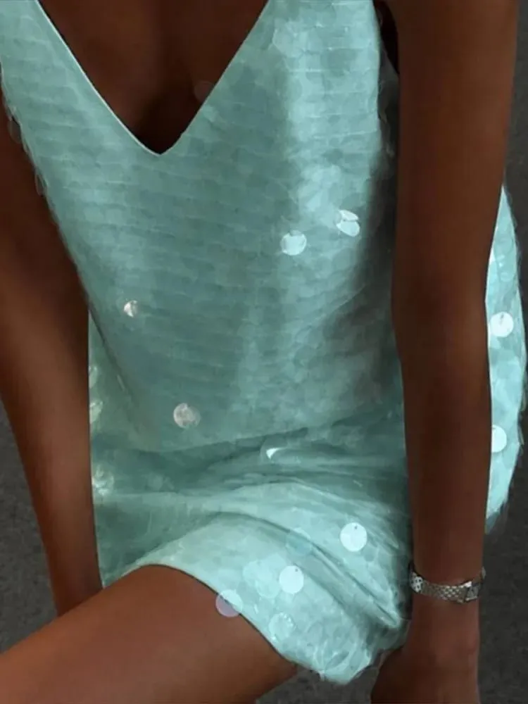 Beach Sequin Short Women Dress Loose Deep V-neck Sleeveless Backless Spaghetti Strap Sundress 2026 Summer Solid Glitter Dresses — image 4