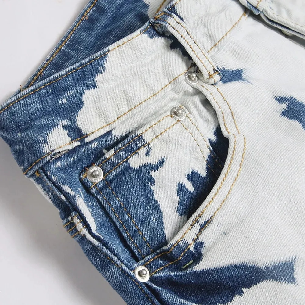 Celana Jeans Melar Melar Ramping Pria Celana Denim Dikelantang Pakaian Jalanan Celana Panjang Katun Biru Terbang Kancing Kasual — image 3