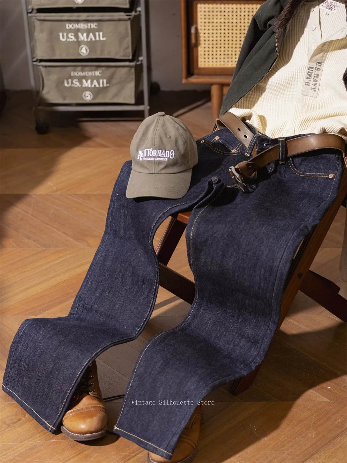Red Tornado NOIR 21oz Selvedge Denim Slim Straight Cut Jeans Indigo Rugged Americana Style Men's Casual Pants — image 3