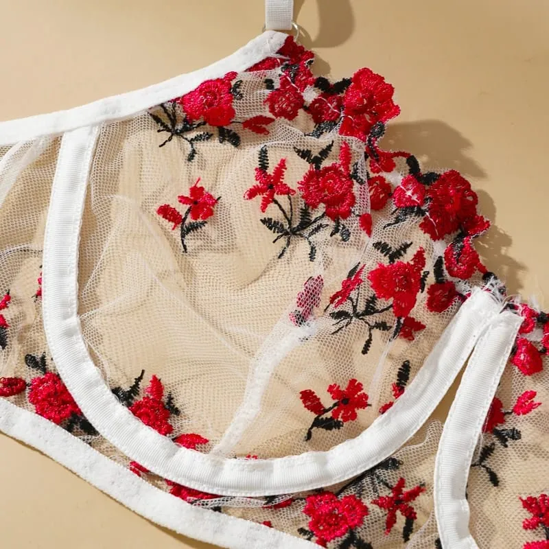 New Women Sexy Mesh Bras Suit Sweet Female French Floral Embroidery Underwear Sets Transparent Mesh Bra Panties 2Piece Lingerie — image 1