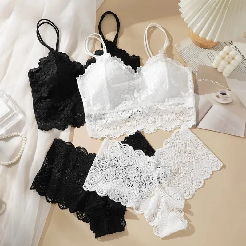 Women's Sexy Lace Bra And Panties Set Solid Color Back Hollow out Design Breathable Underwear with Lace Flower Detail No Steel R