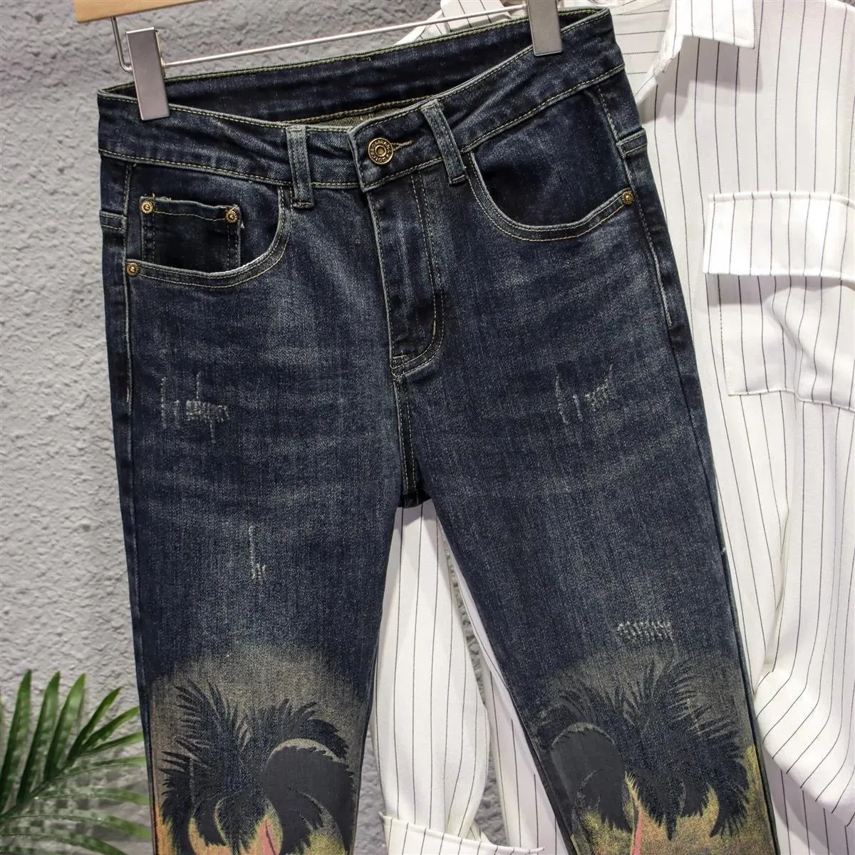 Spring and Autumn New Fashion Trend Printed Straight Leg Elastic Jeans For Men's Casual Retro Sports High-Quality Jeans 28-36 — image 2