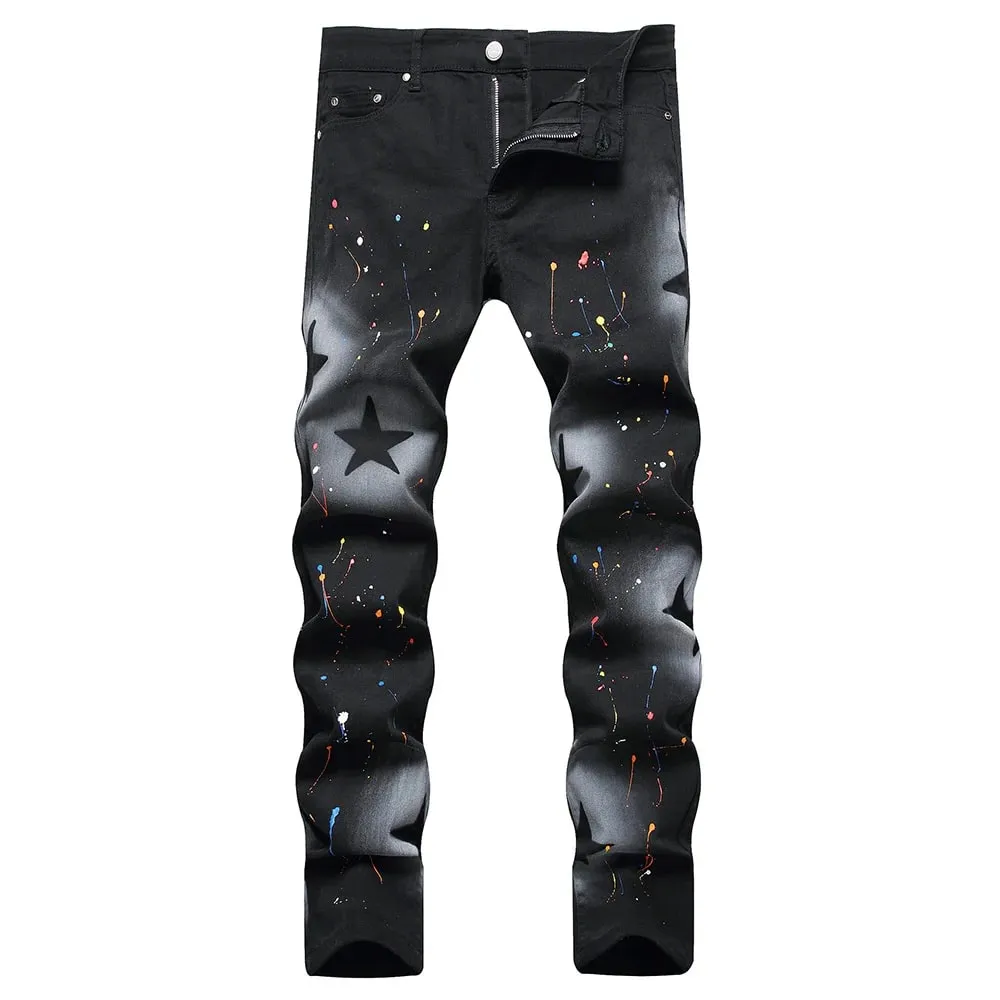 Men Star Painted Denim Jeans Casual Graffiti Print Slim Straight Pants Black Stretch Cotton Spandex Trousers