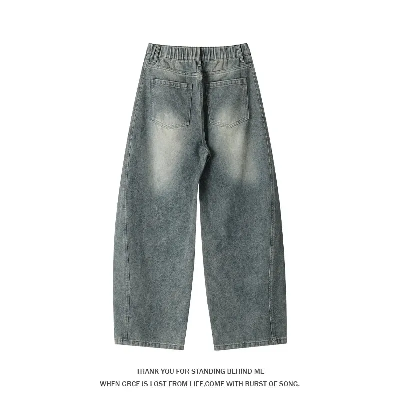 Plus Size Men's Curved Denim Jeans Retro High Street Washed Splice Loose Floor-Length Baggy Streetwear Trousers — image 4