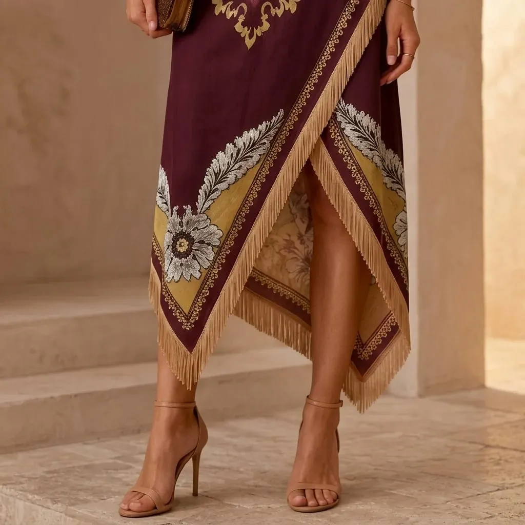 Vintage Bohemian Scarf Print Midi Dress Women Elegant Floral Sleeveless Wrap Dress Summer Asymmetrical Handkerchief Hem Fringe — image 7
