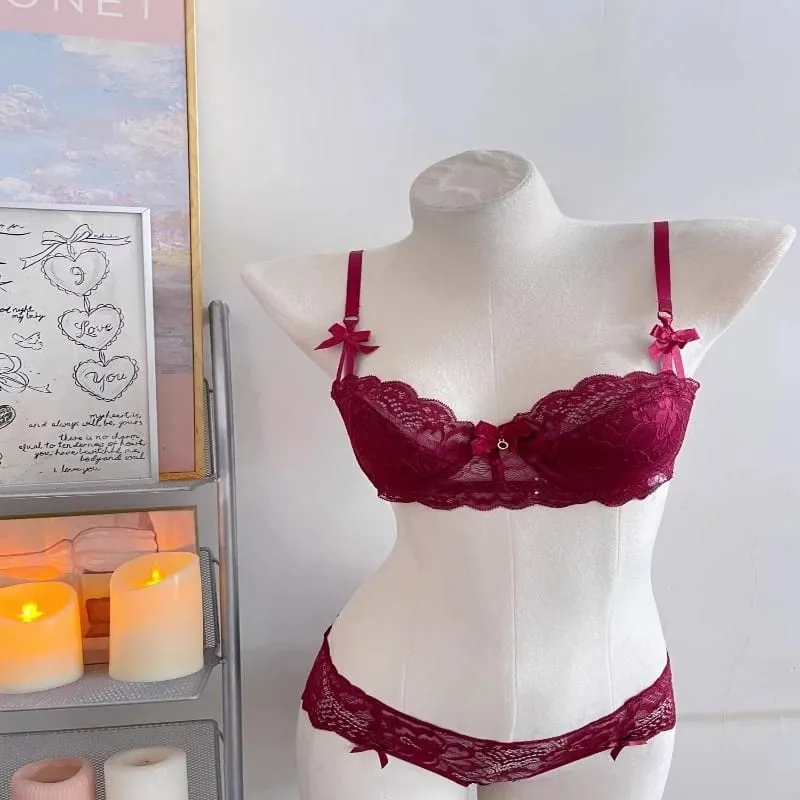 Elegant Lace Half Cup Bra Set Women Soft Underwire Gathered Thin Support Modest Exquisite Lace Comfort Lingerie Set 4 Colors 32- — image 16