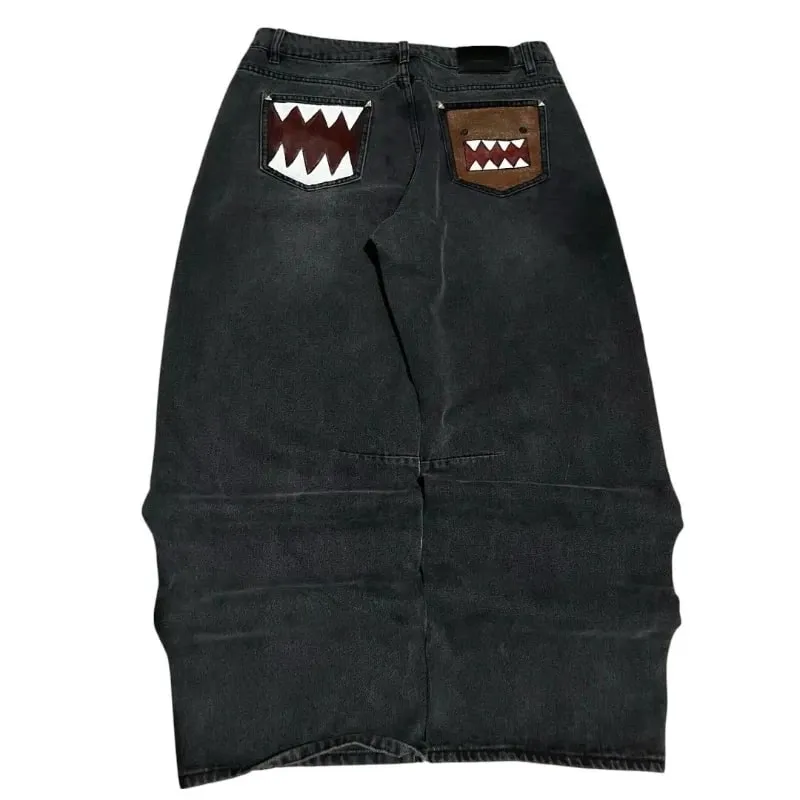 Washed Black Baggy Men Monster Tooth Embroidery Jeans Pocket Wide Leg Denim Pants Y2k Streetwear Hip Hop Loose Trousers Unisex — image 2