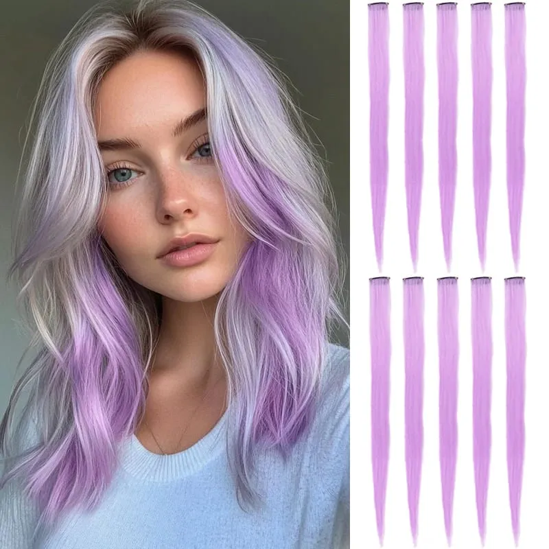 10Pcs Synthetic Colored Clip in Hair Extensions Hairpiece Party Highlights Straight Hair wig for Girls Kids Christmas Party Use — image 12