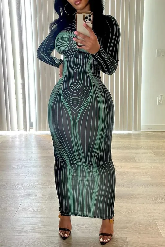 Women's long-sleeved round neck fashionable printed slim fit hip-hugging bottoming dress — image 6
