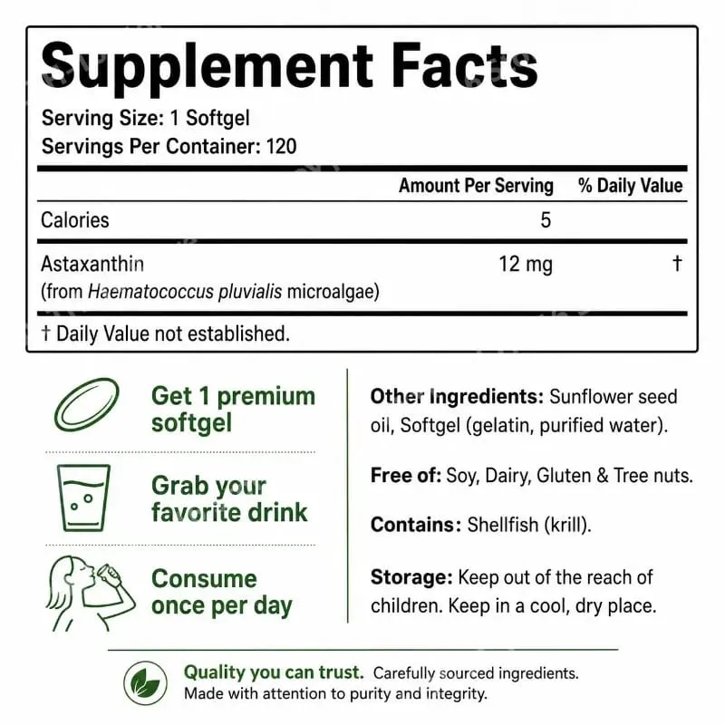 Astaxanthin 12mg Triple Strength Softgels Antioxidant for Eye Skin Joint & Immune Health From Haematococcus Pluvialis 120ct — image 2