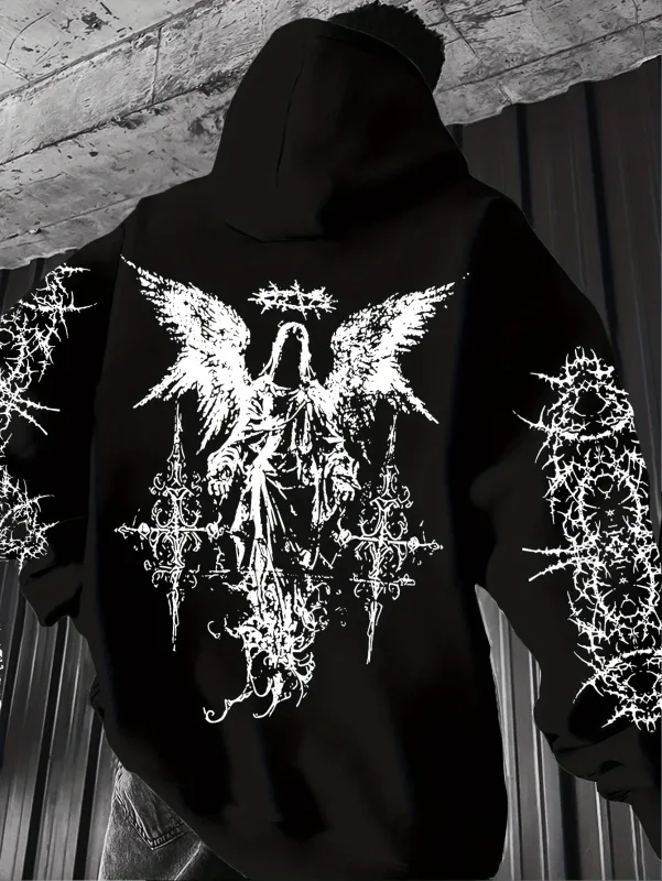 Men's Angel-themed graffiti thorn print streetwear hip-hop punk style hooded sweatshirt regular fit version sweatshirt hoodie
