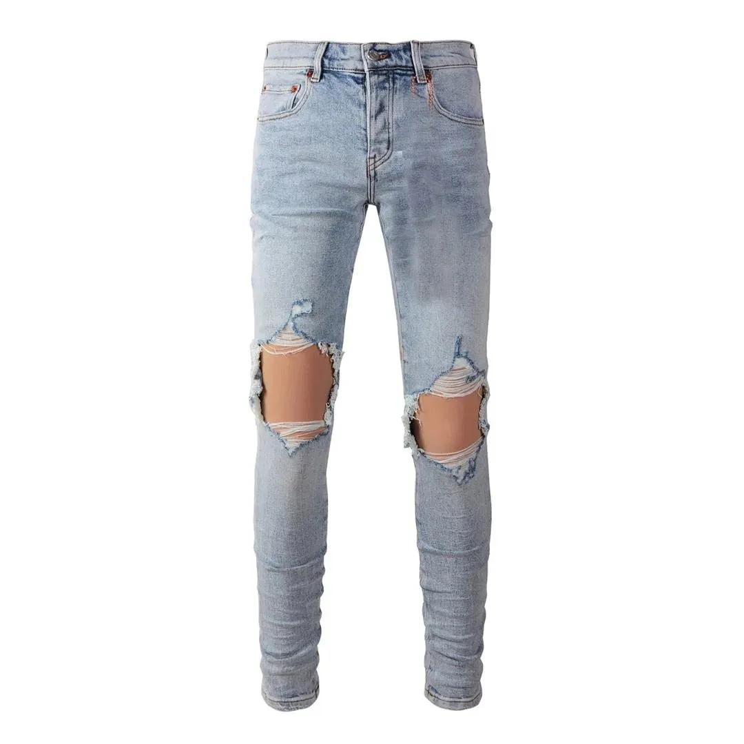 High Street Brand Men's Jeans American Distressed Coated Blank Stretch Skinny Button Fly Ripped Pants Trousers