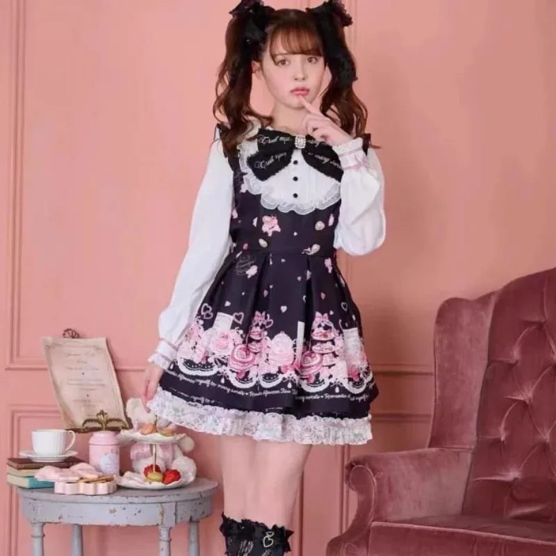 Sweet Lolita Style Lace Pearl Cute Print Shirt Dresses Japanese Kawaii Bow Dress Set Gothic Y2k Tea Party Women Dress 2025 New — image 2
