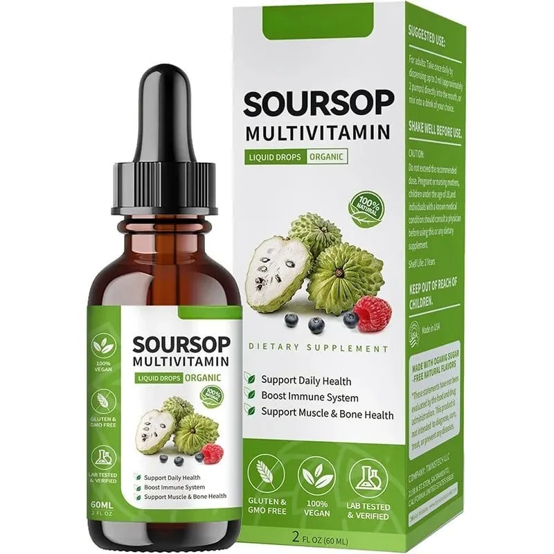 Corossol liquide gouttes extrait de plantes supplément à base de plantes avec mélange de fruits et de feuilles de corossol formule de bien-être quotidienne végétalienne