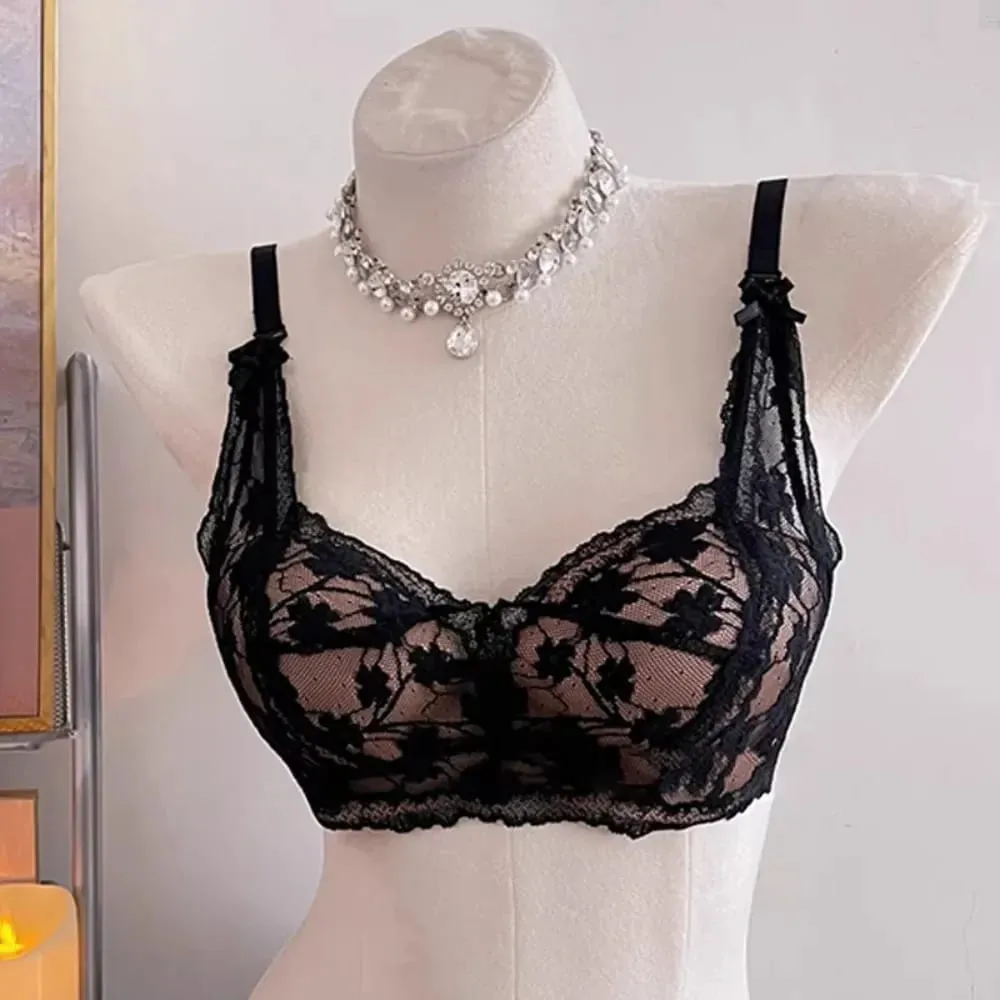 Female Halter Style Bow Lace Bra Padded Push‑Up No Underwire Soft Inner Wear Lingerie for Small Bust Daily Wearセクシーな