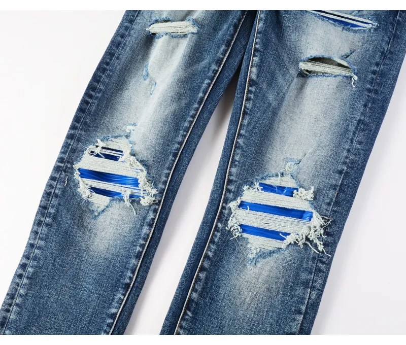 Fashionable New Men's Retro Blue Jeans With Pleated Elastic Perforated Blue Leather Patch Tight Tapered Pants Y2K — image 4